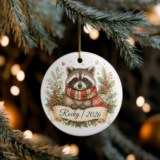 Raccoon Christmas Ornament Personalized with Name, Cute Cozy Ceramic Keepsake, Raccoon Lover Woodland Gift 2026