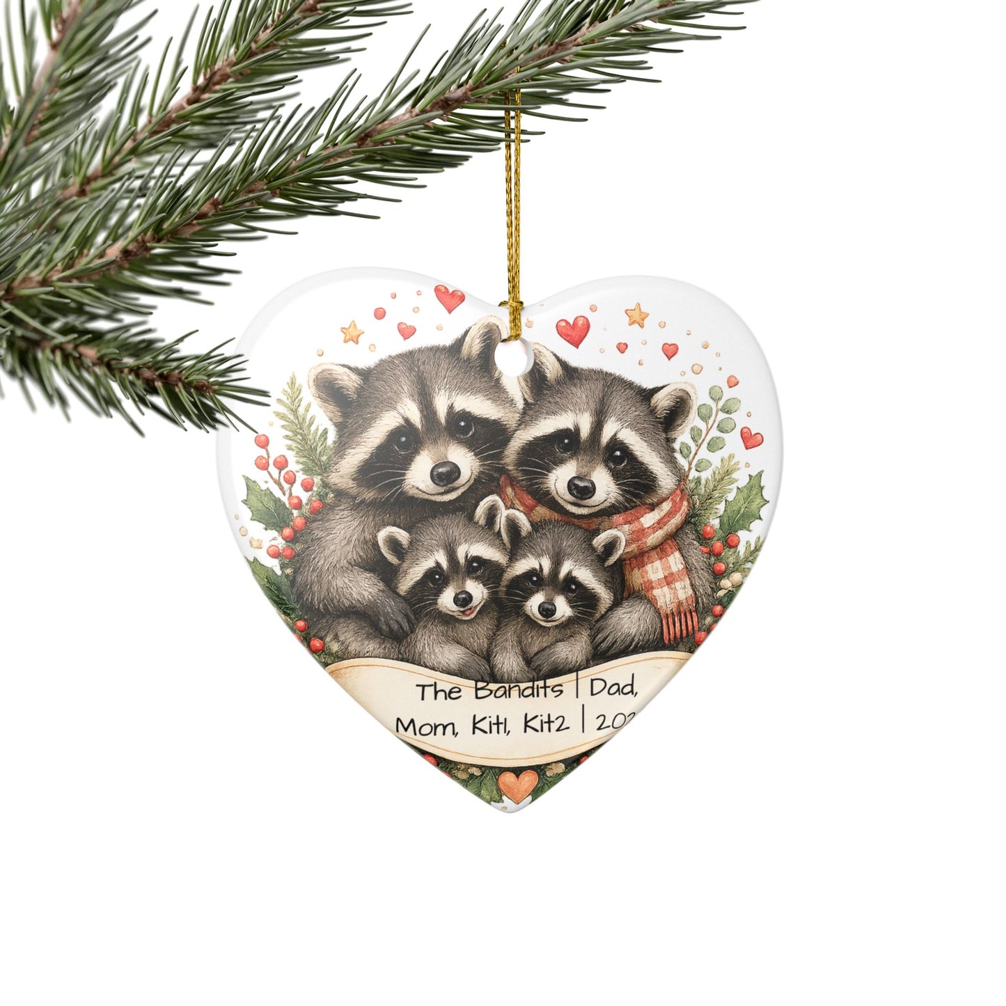 Raccoon Family Christmas Ornament Personalized with Names, Cute Ceramic Keepsake, Woodland Family Gift 2026