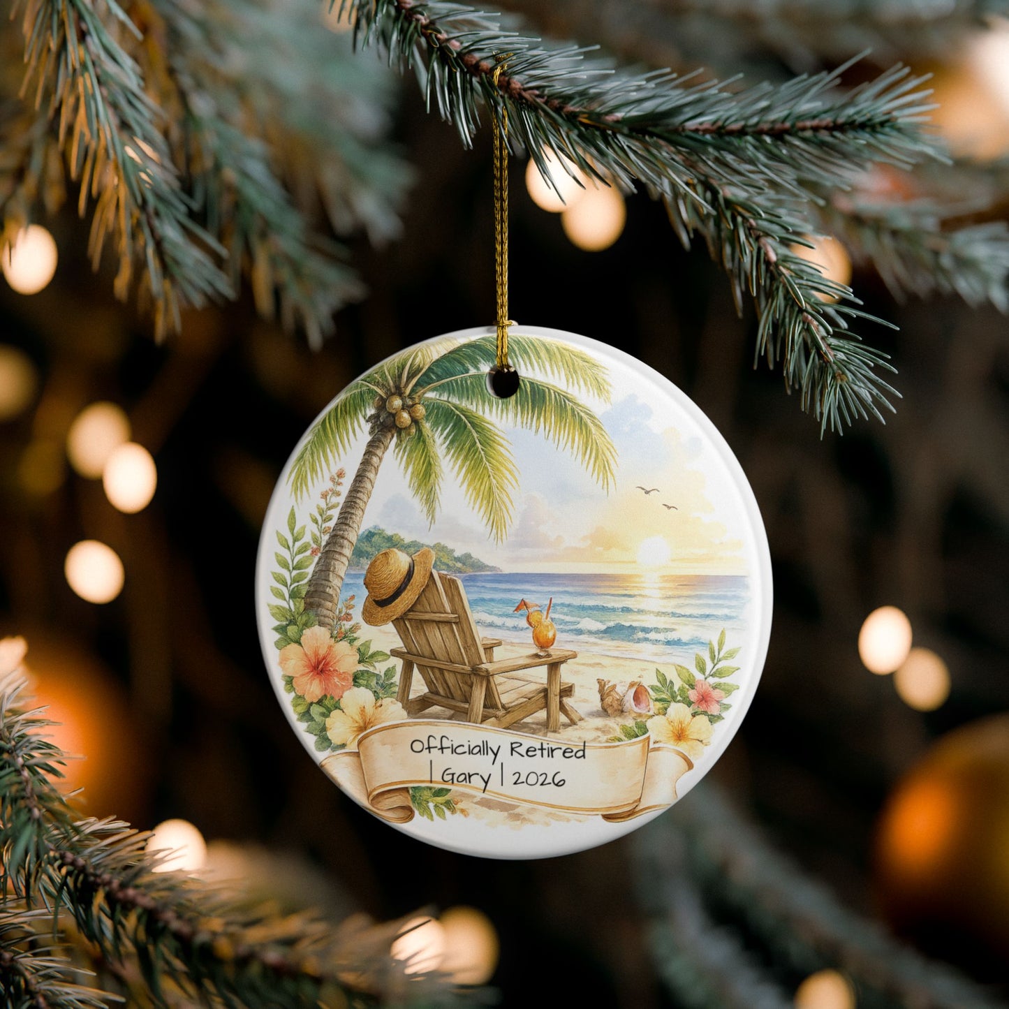 Retirement Christmas Ornament 2026 Personalized with Name, Beach Ceramic Keepsake, Officially Retired Gift, Coworker