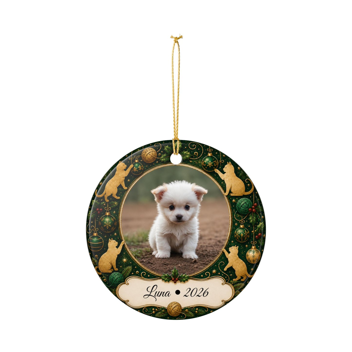 Personalized Puppy Photo Ornament, Ceramic Christmas Ornament | Cat Motif