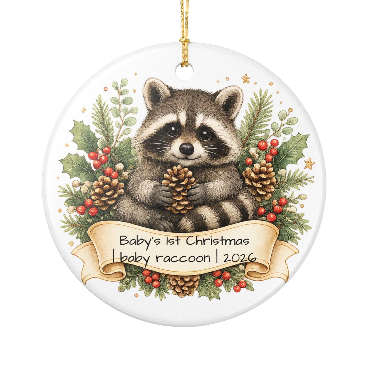 Baby Raccoon Christmas Ornament Personalized with Name, Cute Woodland Ceramic Keepsake, Kids Raccoon Gift 2026
