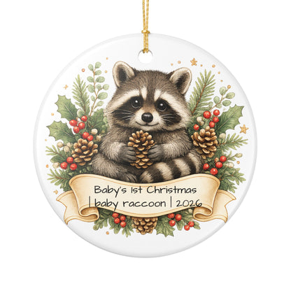 Baby Raccoon Christmas Ornament Personalized with Name, Cute Woodland Ceramic Keepsake, Kids Raccoon Gift 2026