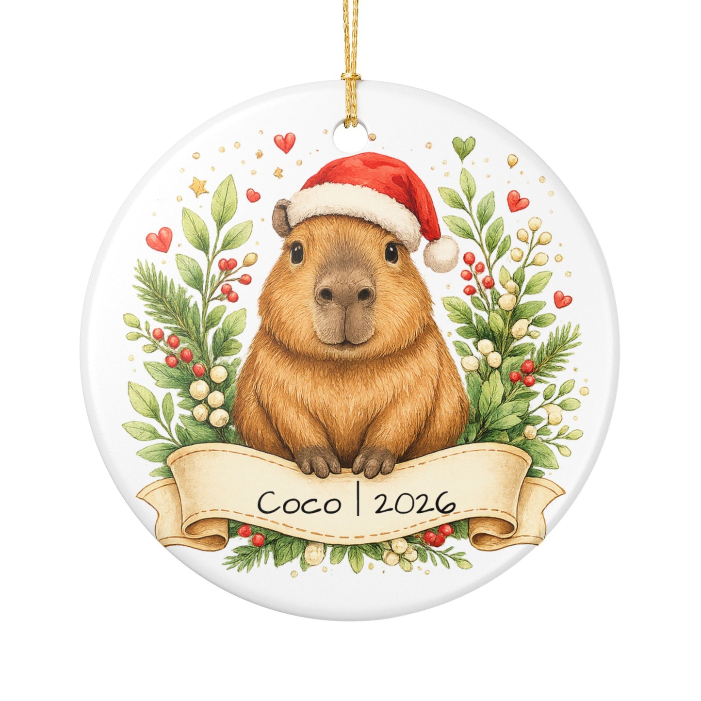 Capybara Christmas Ornament Personalized with Name, Cute Santa Hat Ceramic Keepsake, Capybara Lover Gift 2026