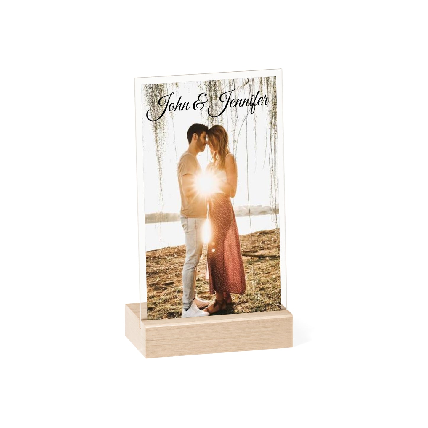 Personalized Couples Photo Acrylic Sign with Wooden Stand | Custom Name Display