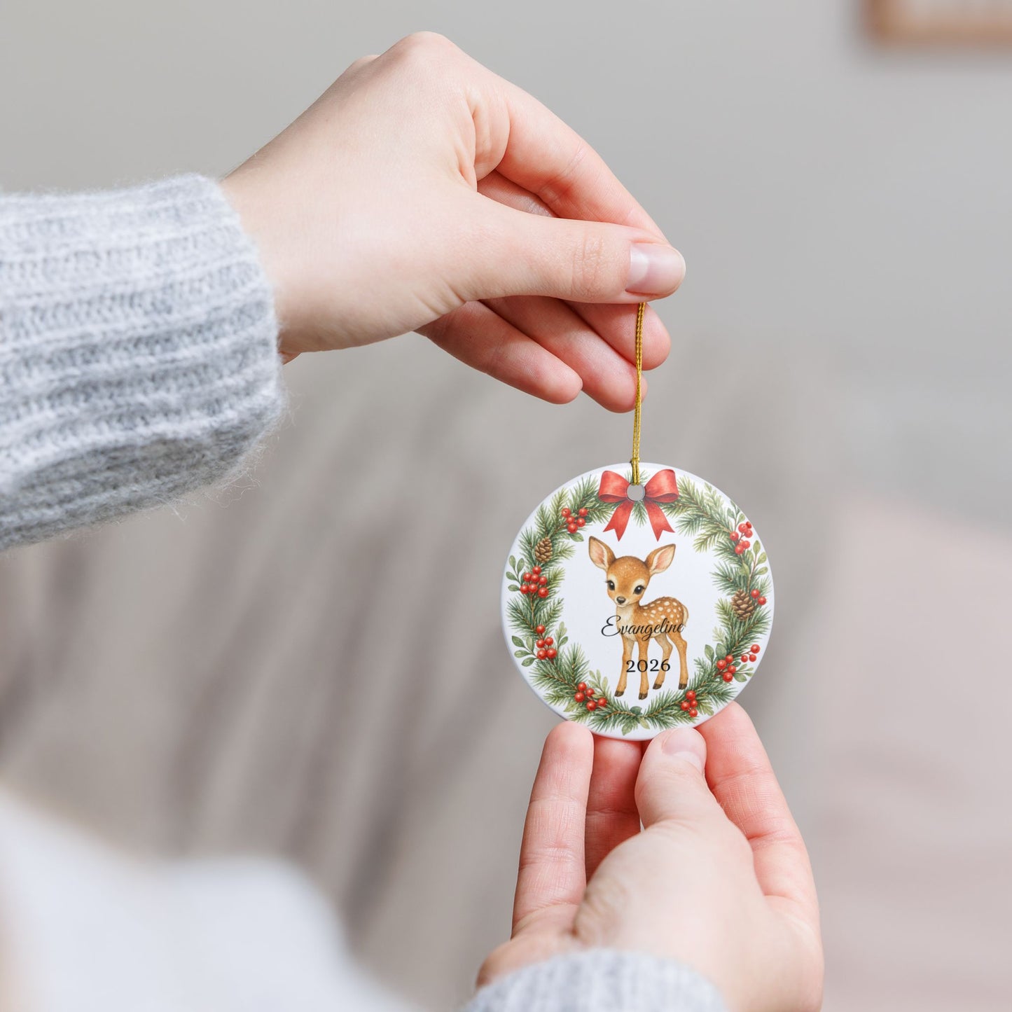 Baby First Christmas Ornament Personalized with Name, Woodland Deer Fawn Wreath Keepsake 2026, New Baby Woodland Gift