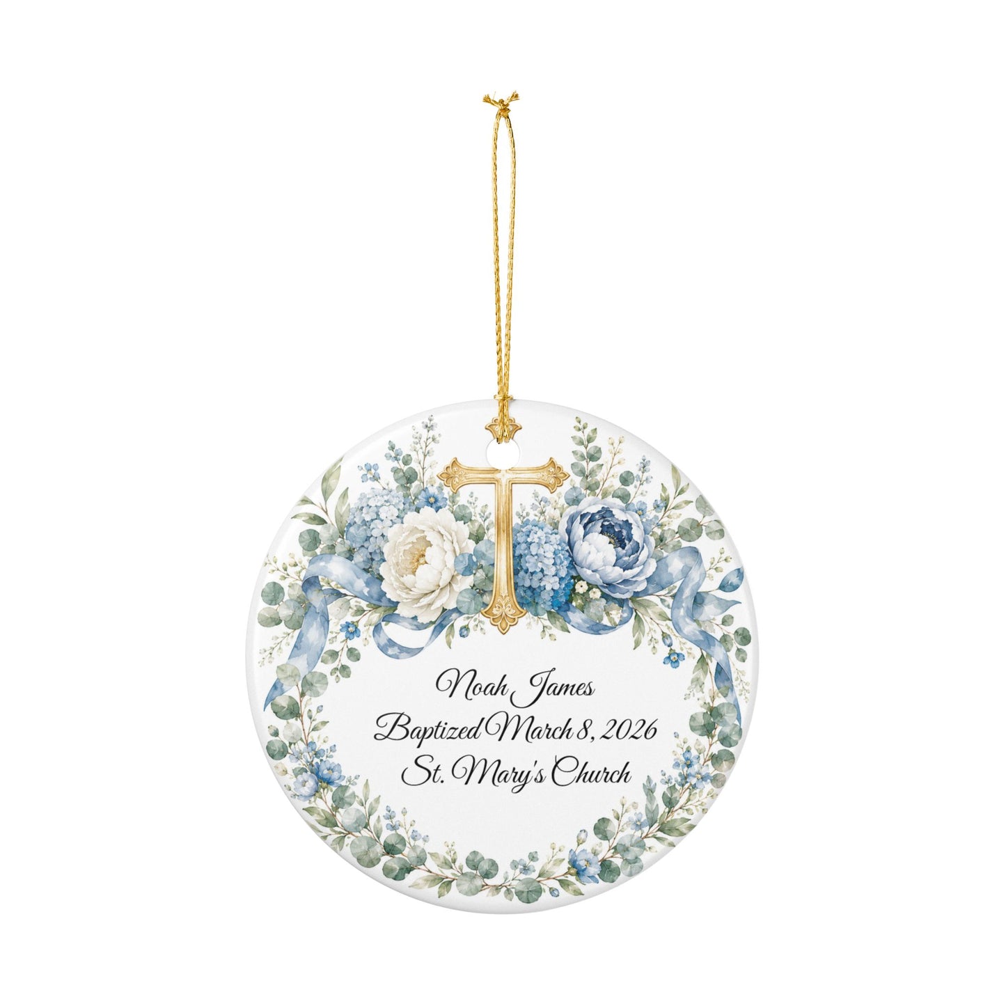 Personalized Baptism Ornament for Boy, Blue Cross Christening Keepsake with Name & Date, Ceramic Godson Gift, Baby Dedication Ornament