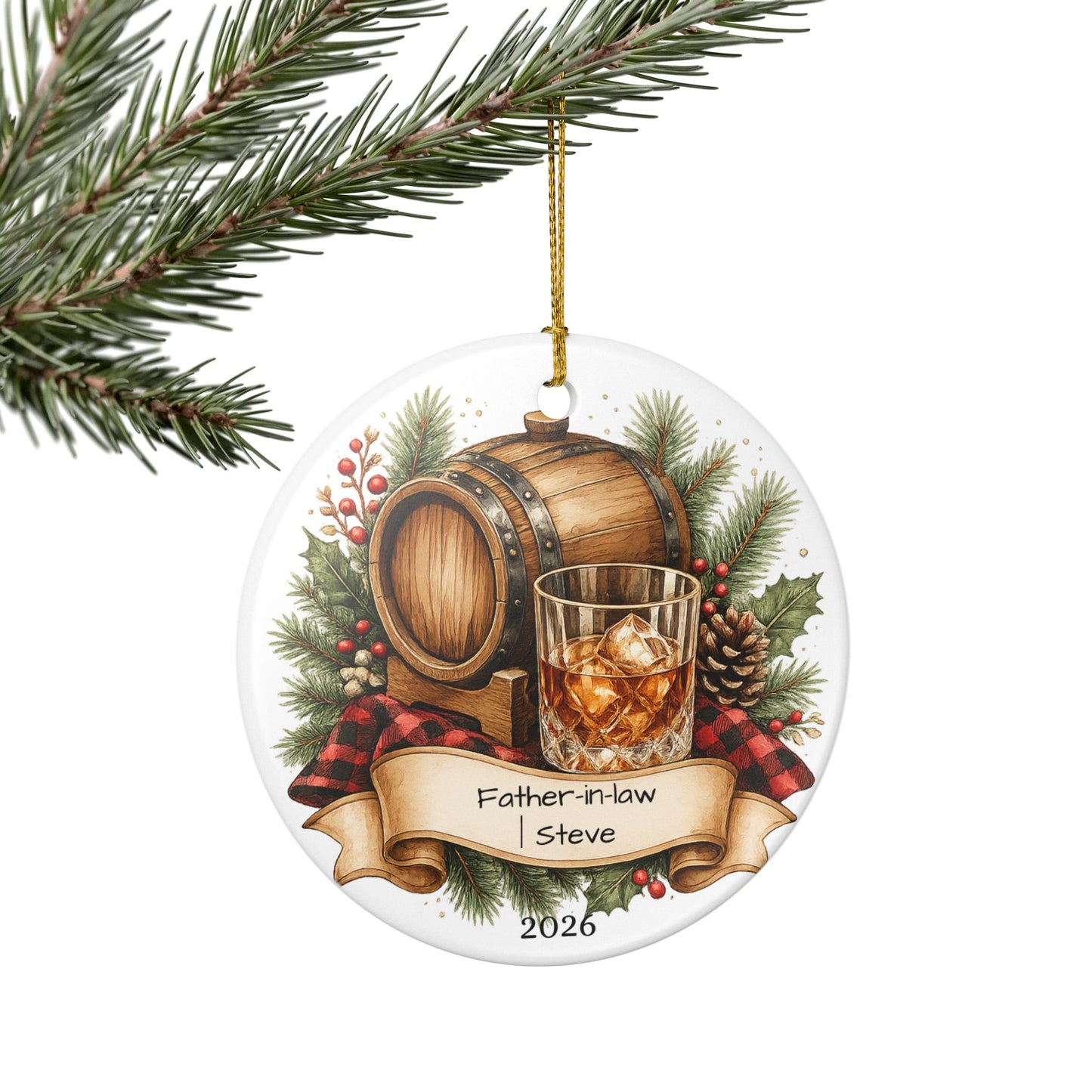 Whiskey Father in Law Ornament Personalized, Rustic Ceramic Keepsake with Name, Bourbon Lover FIL Gift 2026