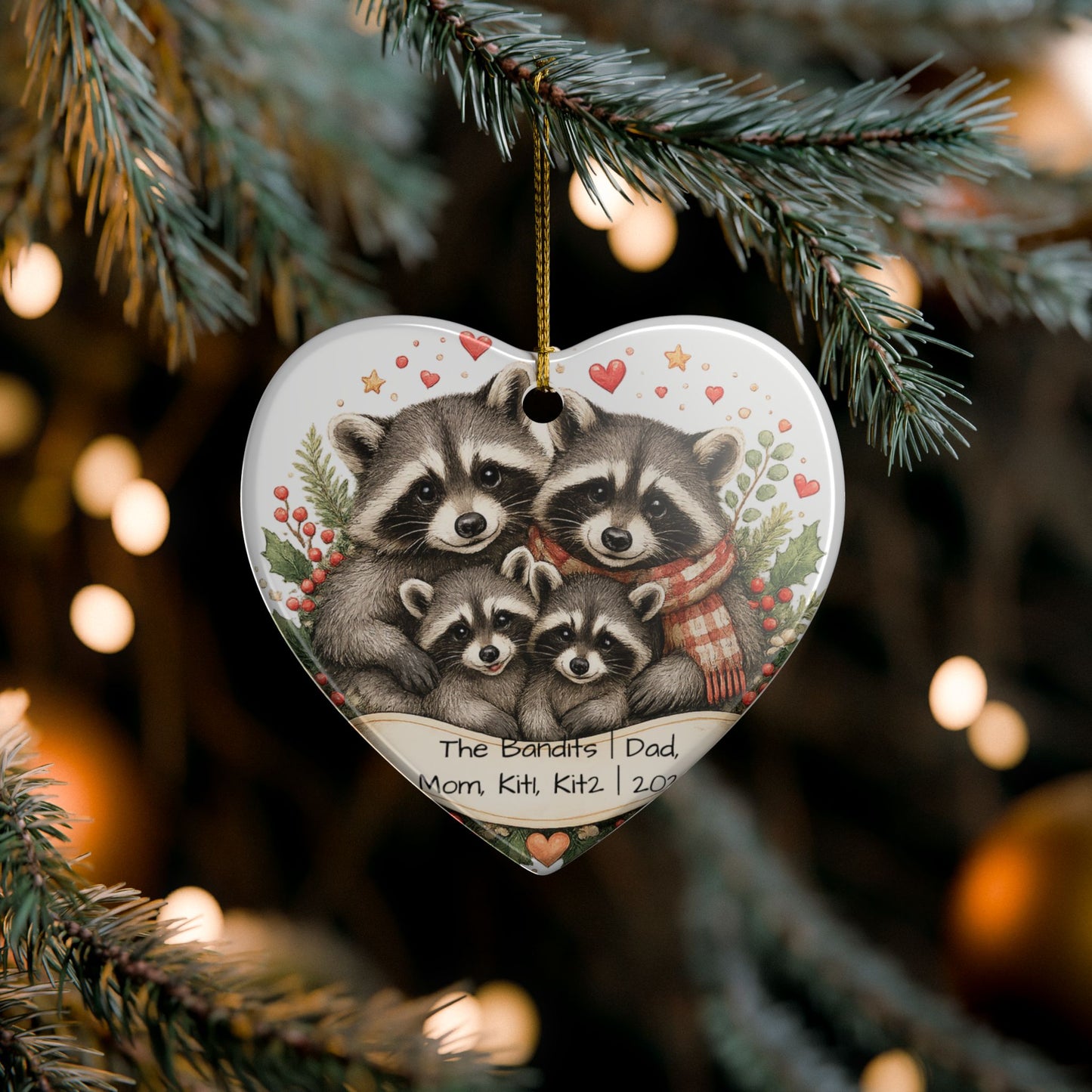 Raccoon Family Christmas Ornament Personalized with Names, Cute Ceramic Keepsake, Woodland Family Gift 2026