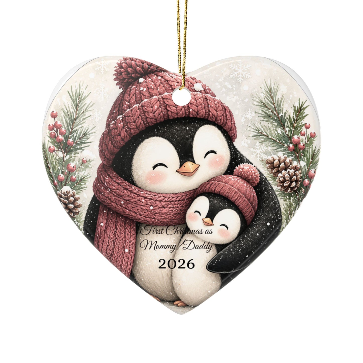 Penguin Family Hug Ceramic Ornament | 2026 Holiday Keepsake