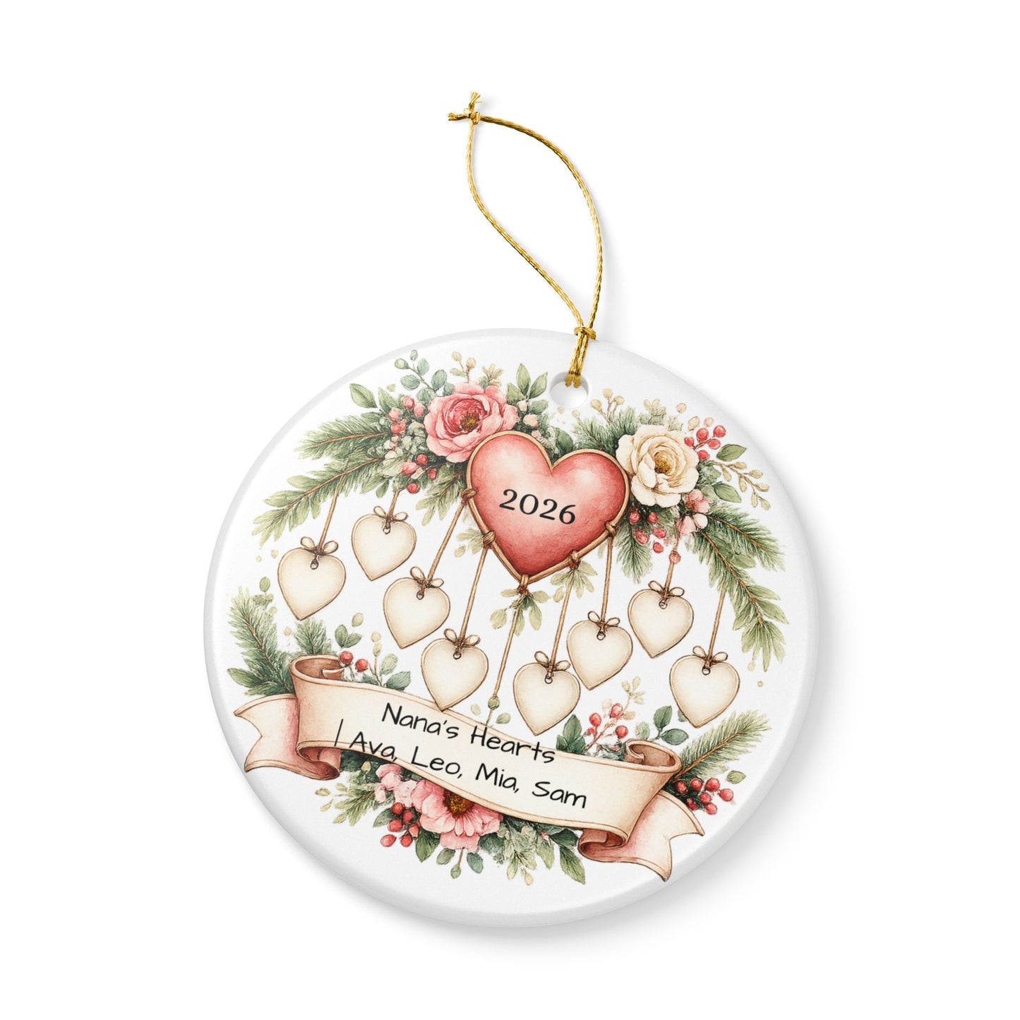 Nana Hearts Christmas Ornament Personalized with Grandkids Names, Ceramic Keepsake, Gift for Nana Grandma 2026