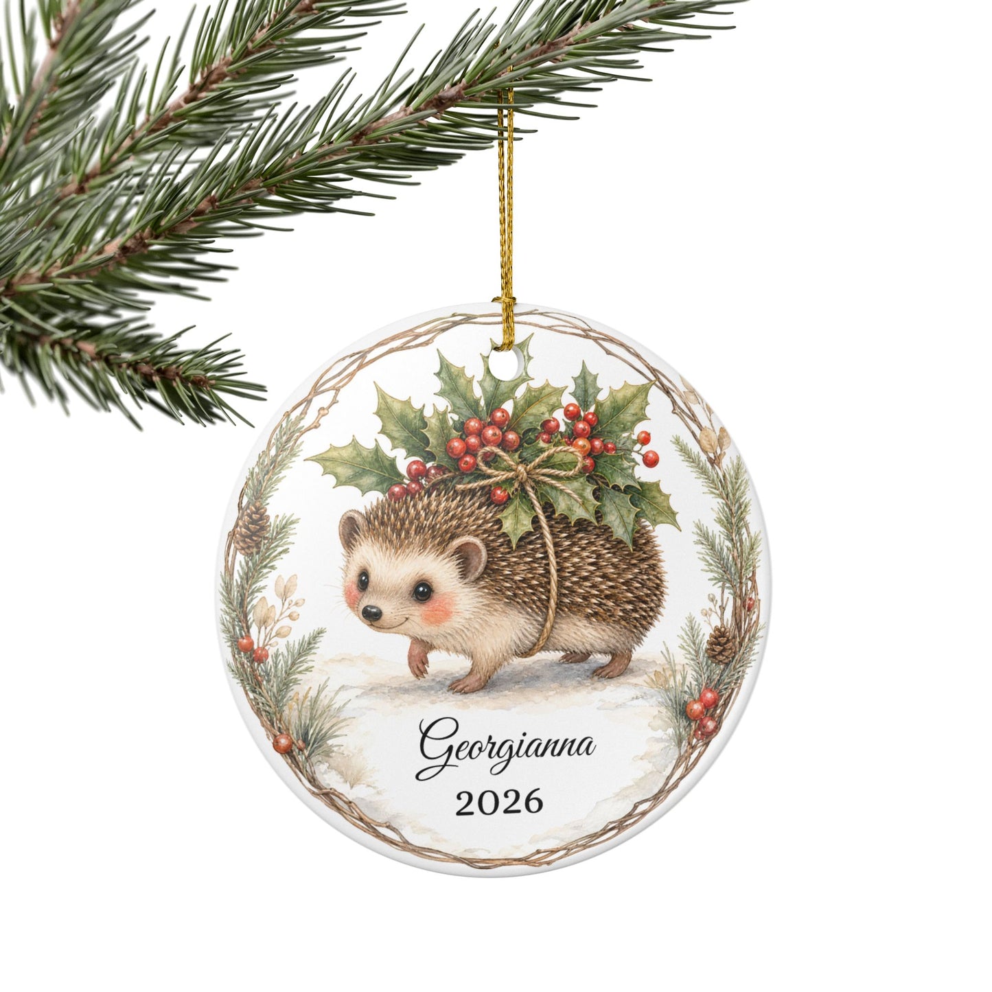 Baby First Christmas Ornament Personalized with Name, Hedgehog Holly Keepsake 2026, Woodland New Baby Shower Gift