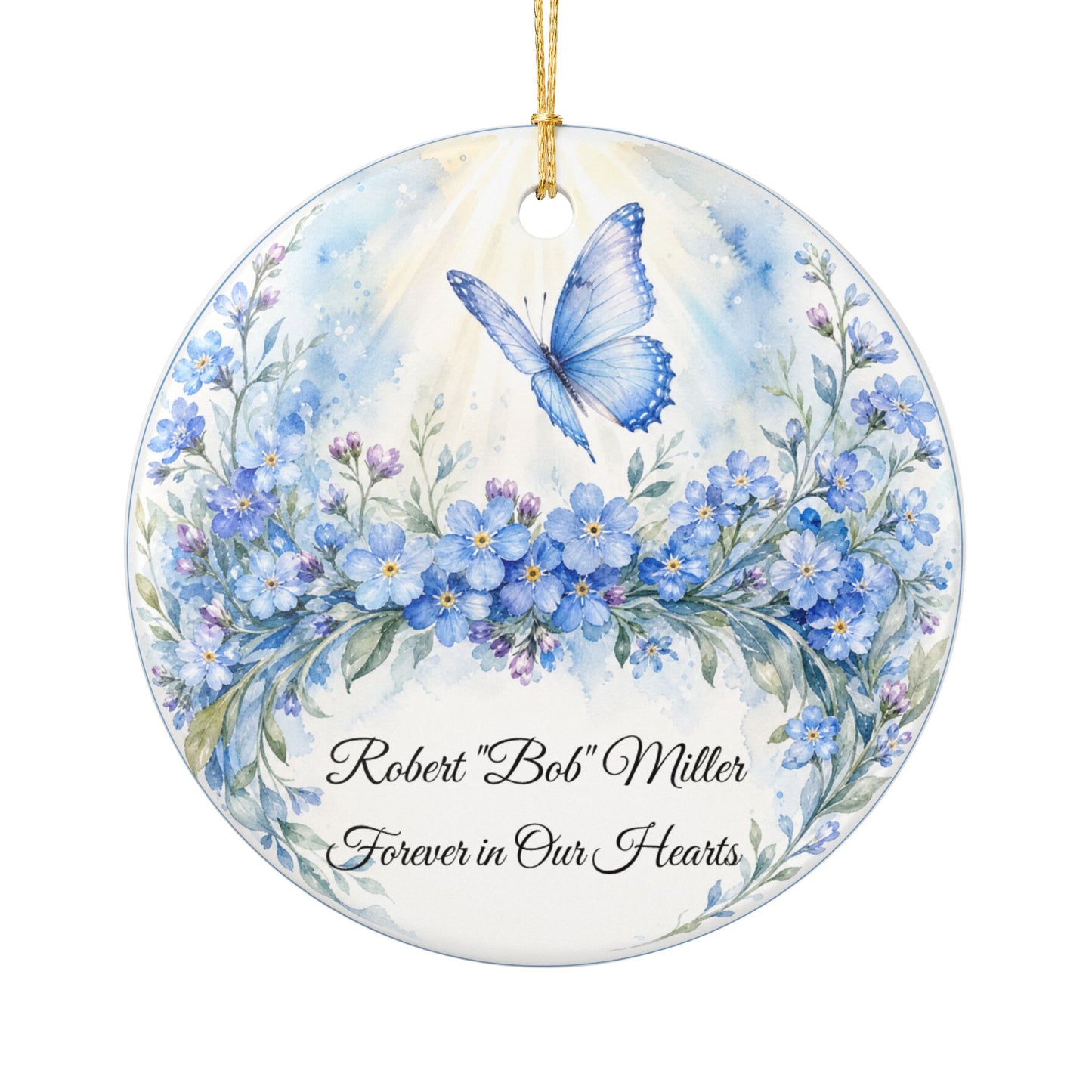 Memorial Ornament Personalized with Name, Butterfly Forget Me Not Remembrance Keepsake, In Loving Memory Sympathy Gift