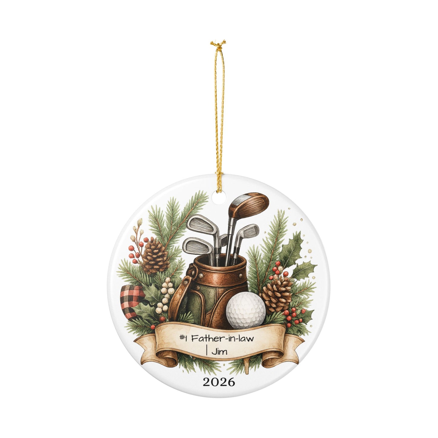 Golf Father in Law Ornament Personalized, Rustic Ceramic Keepsake with Name, Golfer FIL Christmas Gift 2026