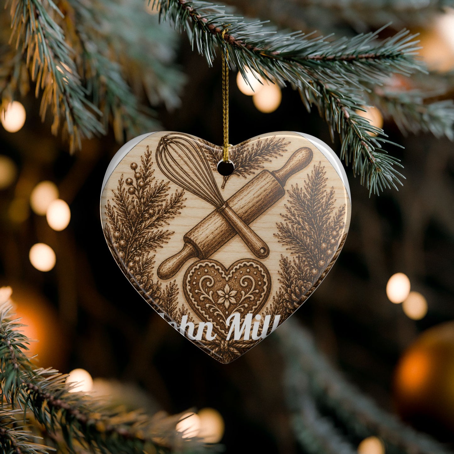 Baking Rolling Pin & Whisk Heart Ceramic Ornament | Kitchen Christmas Decoration