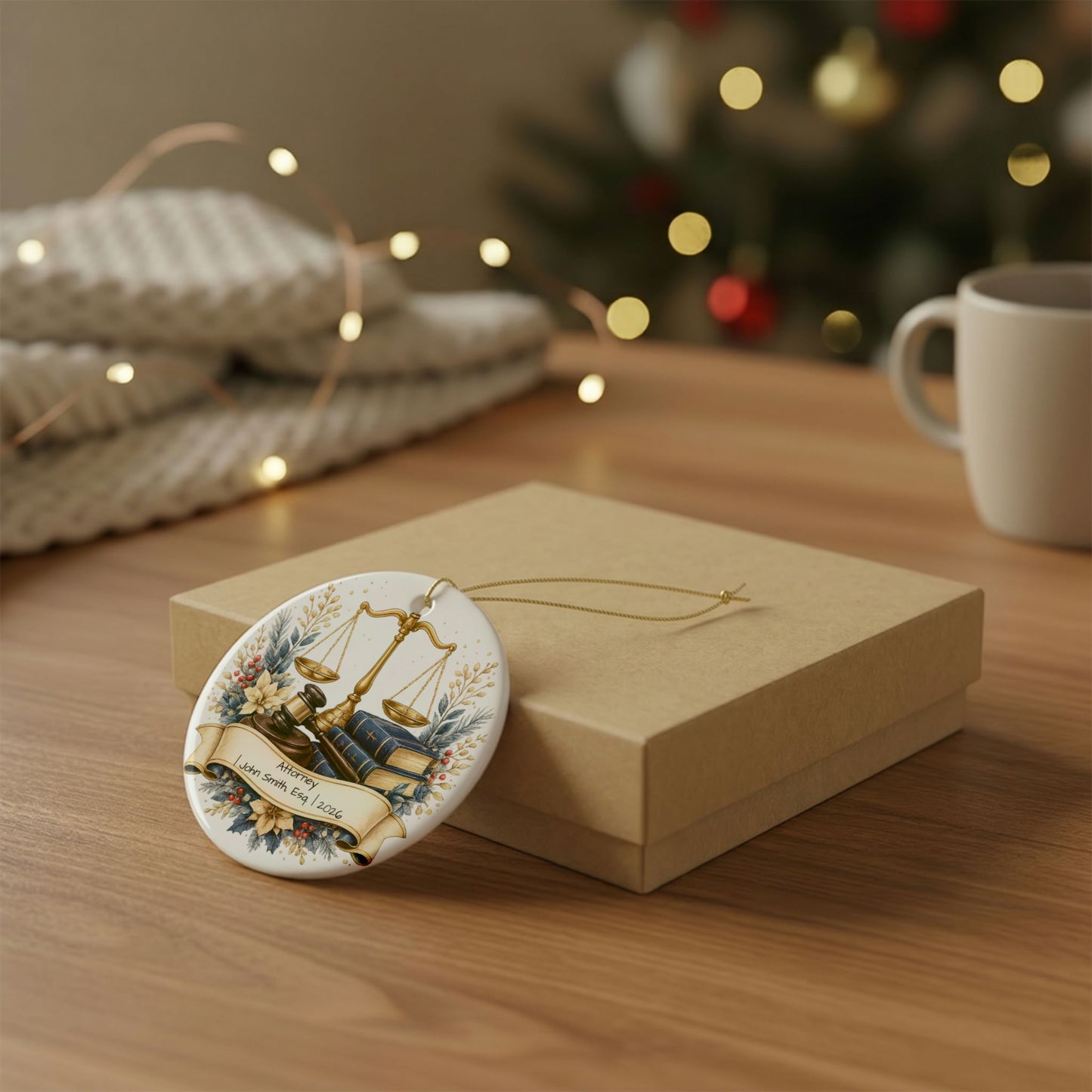 Lawyer Christmas Ornament Personalized with Name, Scales of Justice Ceramic Keepsake, Attorney Gift 2026