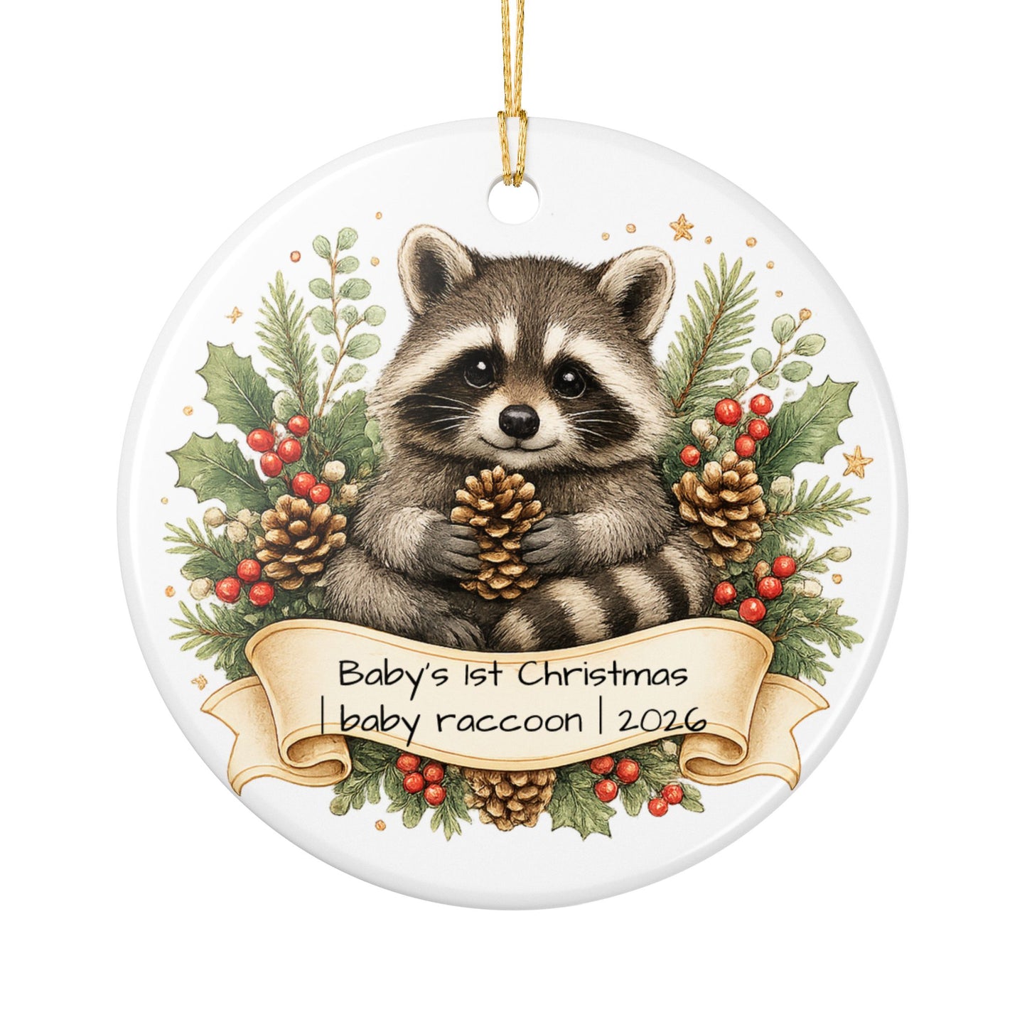 Baby Raccoon Christmas Ornament Personalized with Name, Cute Woodland Ceramic Keepsake, Kids Raccoon Gift 2026