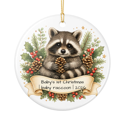 Baby Raccoon Christmas Ornament Personalized with Name, Cute Woodland Ceramic Keepsake, Kids Raccoon Gift 2026