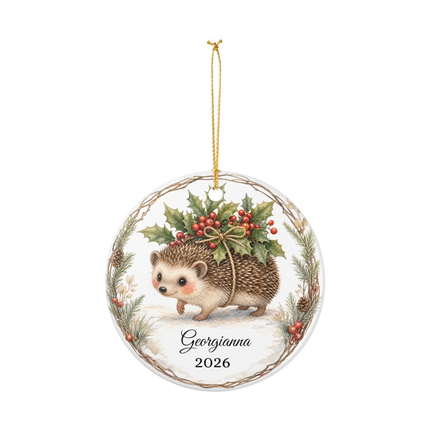 Baby First Christmas Ornament Personalized with Name, Hedgehog Holly Keepsake 2026, Woodland New Baby Shower Gift