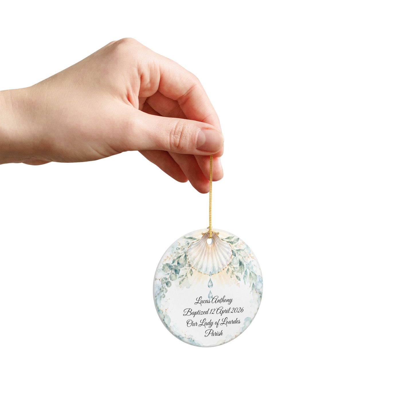 Baptism Shell Ornament Personalized, Traditional Christening Symbol Keepsake with Name & Date, Ceramic Catholic Baptism Gift for Baby