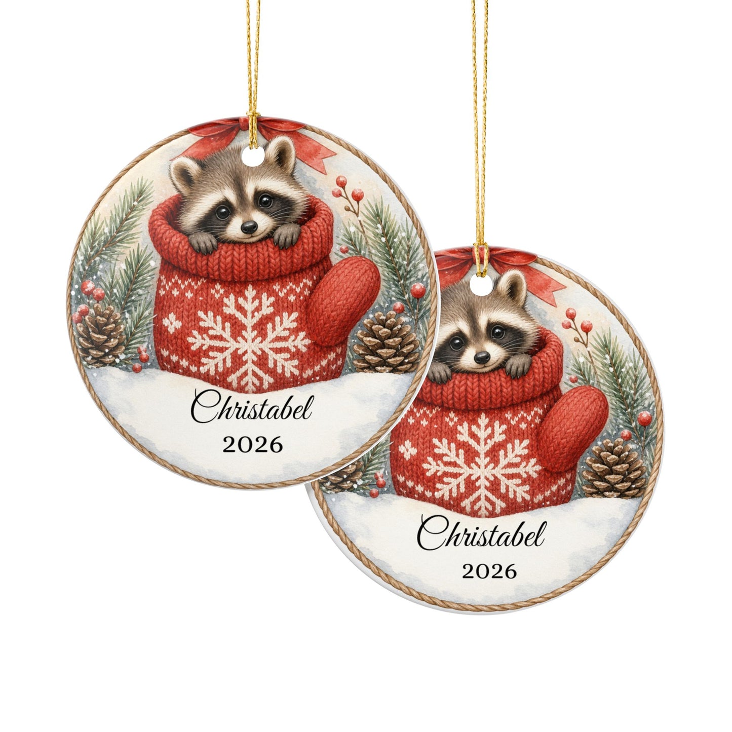Baby First Christmas Ornament Personalized, Raccoon in Mitten Keepsake with Name 2026, Woodland New Baby Gift