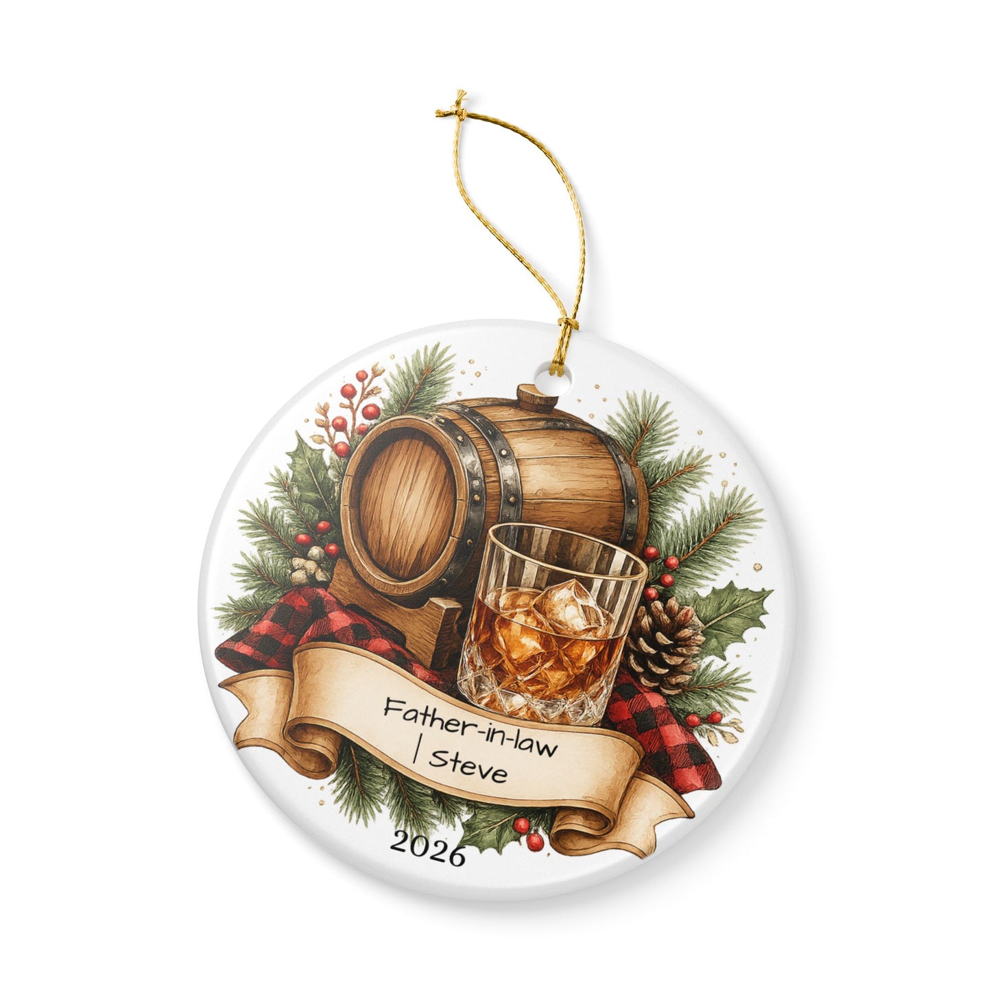 Whiskey Father in Law Ornament Personalized, Rustic Ceramic Keepsake with Name, Bourbon Lover FIL Gift 2026