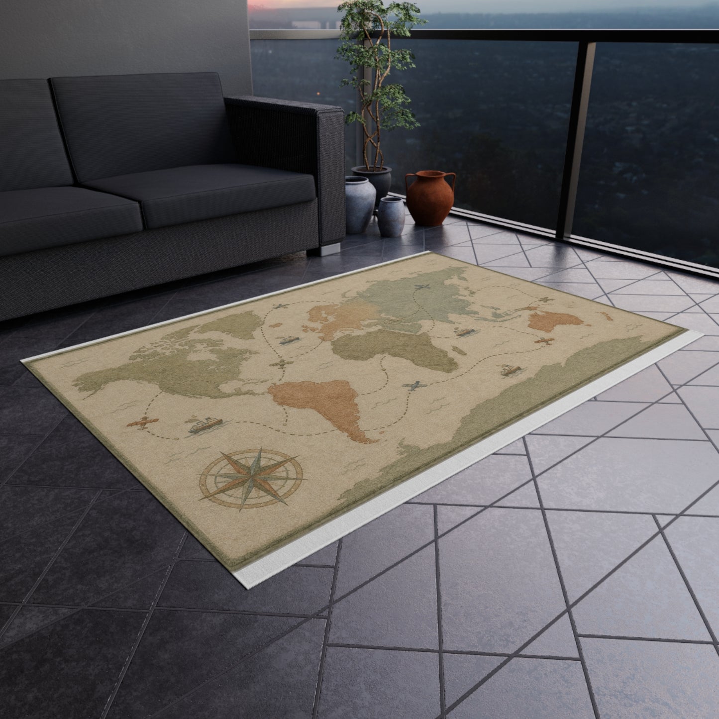 Vintage World Map Outdoor Rug | Nautical Compass, Ships, Travel Accent