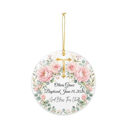 Personalized Baptism Ornament for Girl, Pink Floral Cross Christening Keepsake with Name & Date, Ceramic Godchild Gift, Baby Dedication