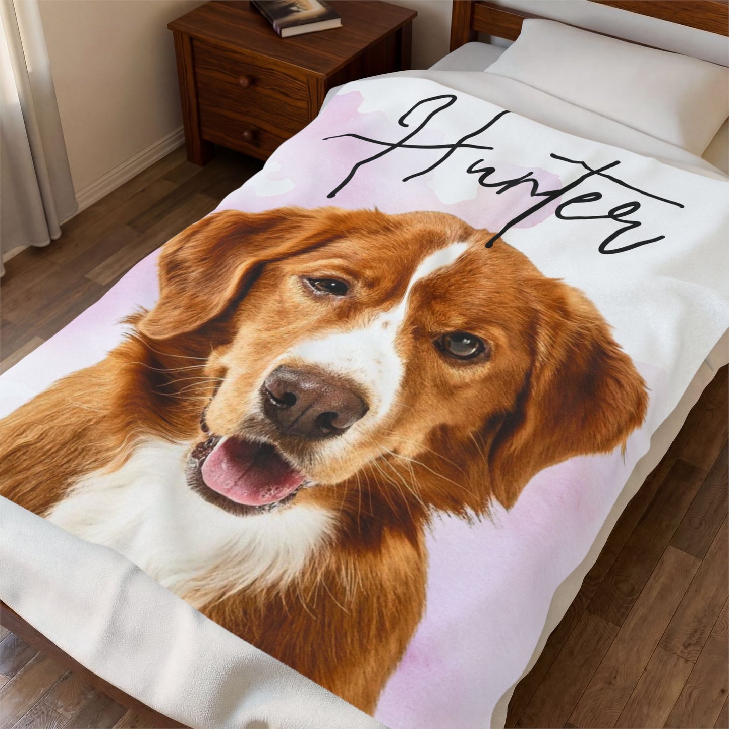 Personalized Dog Portrait Velveteen Plush Blanket | Custom Name Pet Blanket