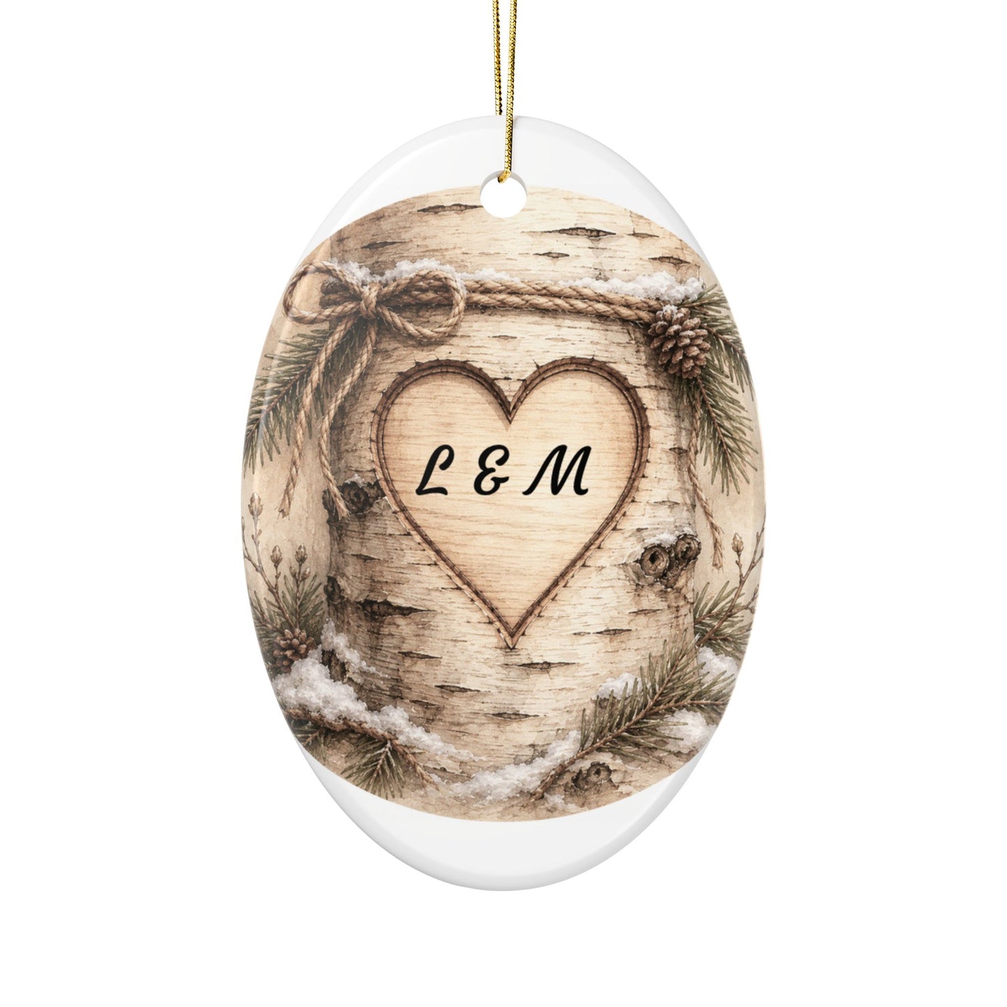 Rustic Carved Heart Initials Ornament | Ceramic Ornament