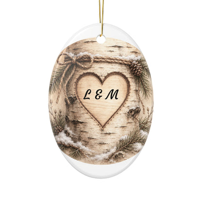 Rustic Carved Heart Initials Ornament | Ceramic Ornament