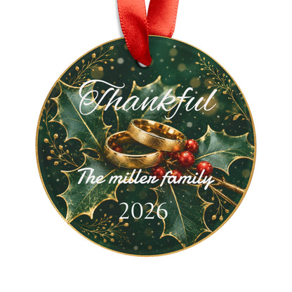 Thankful Holly Wreath Acrylic Ornament | Personalized Family Name 2026
