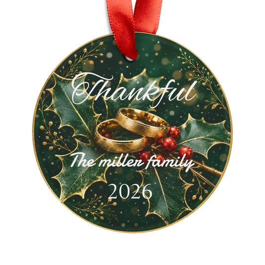 Thankful Holly Wreath Acrylic Ornament | Personalized Family Name 2026