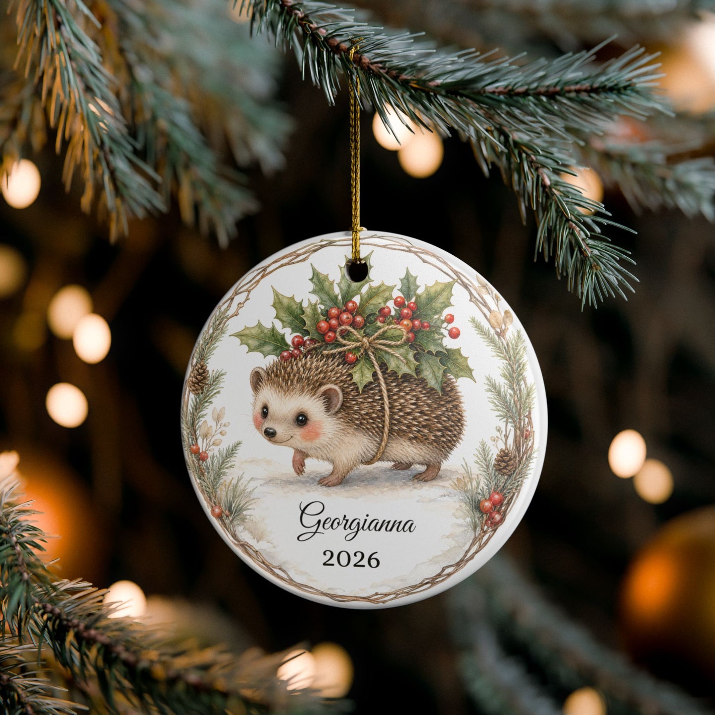 Baby First Christmas Ornament Personalized with Name, Hedgehog Holly Keepsake 2026, Woodland New Baby Shower Gift
