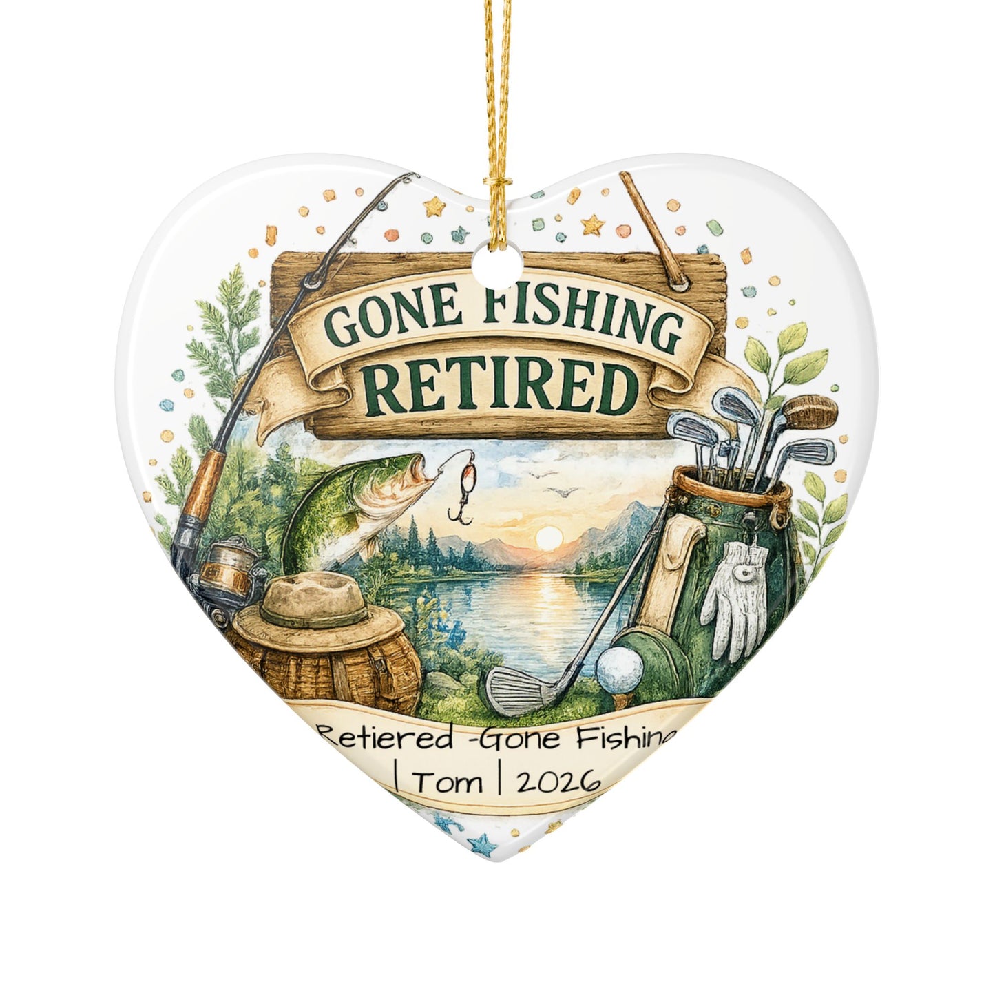 Retirement Ornament 2026 Personalized with Name, Fishing Golf Ceramic Keepsake, Retired Gift for Him, Dad Grandpa