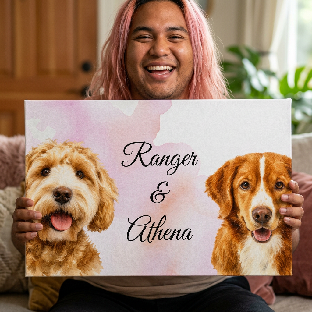 Personalized Dog Portraits Washable Rug | Custom Pet Names, Pink Watercolor Background