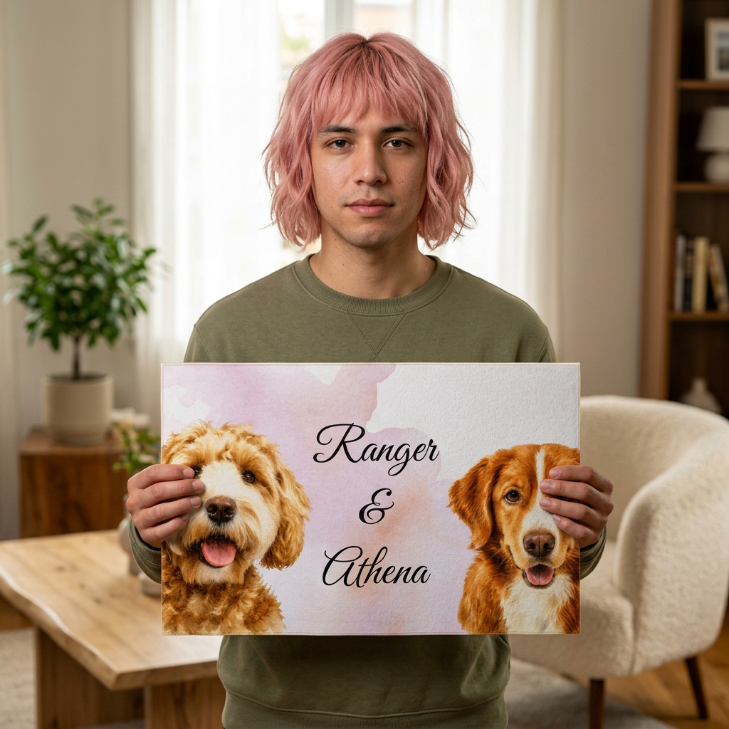 Personalized Dog Portraits Washable Rug | Custom Pet Names, Pink Watercolor Background