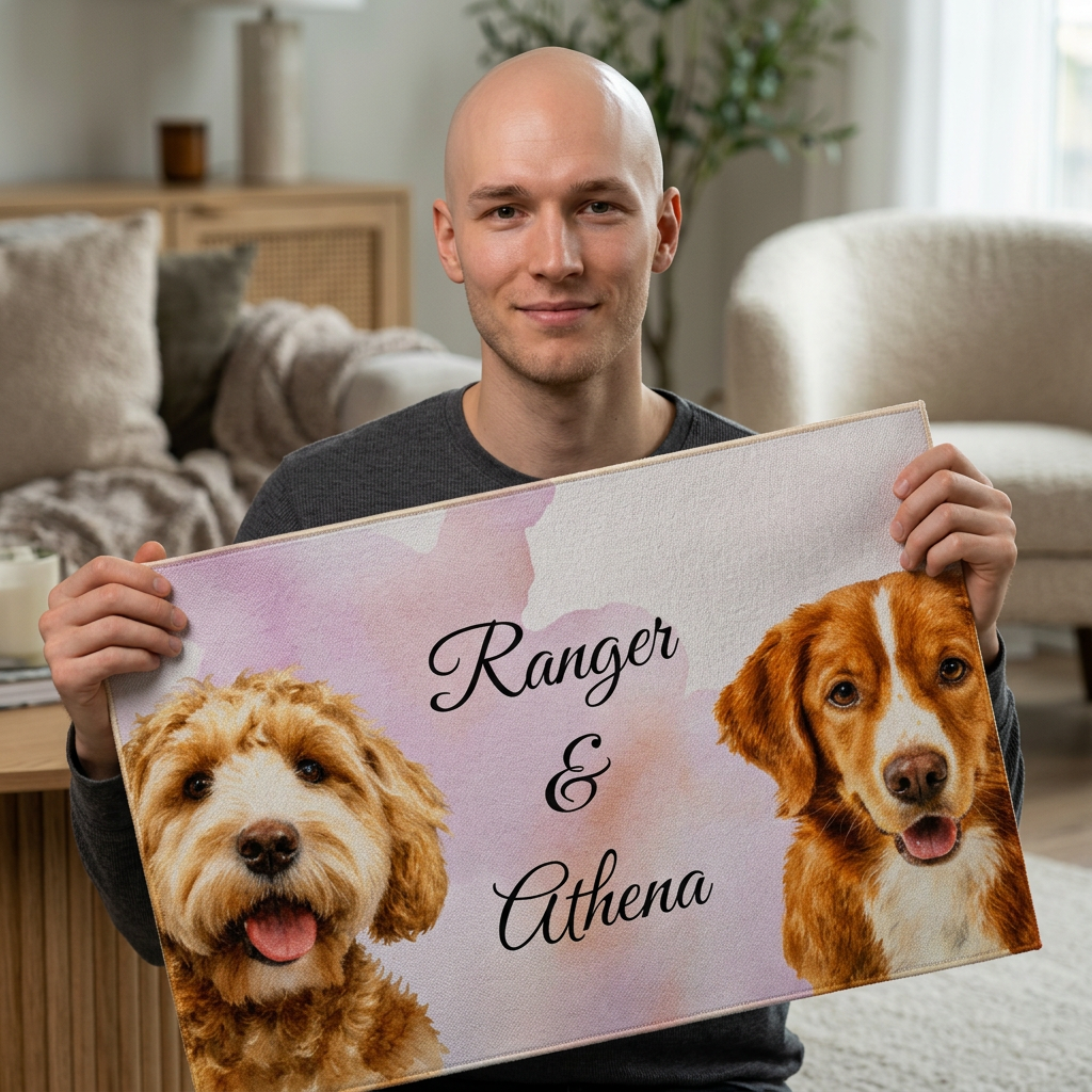 Personalized Dog Portraits Washable Rug | Custom Pet Names, Pink Watercolor Background