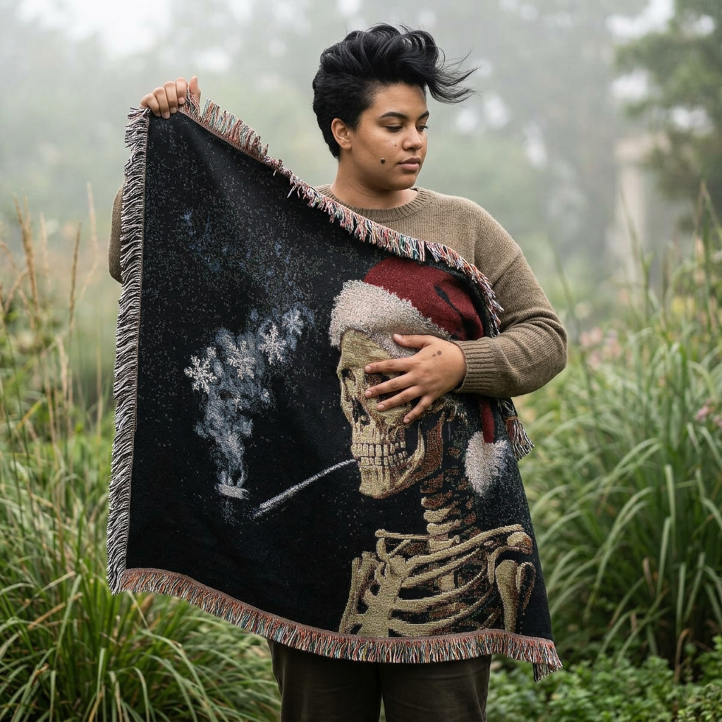 Smoking Skeleton Santa Woven Blanket | Gothic Christmas Throw