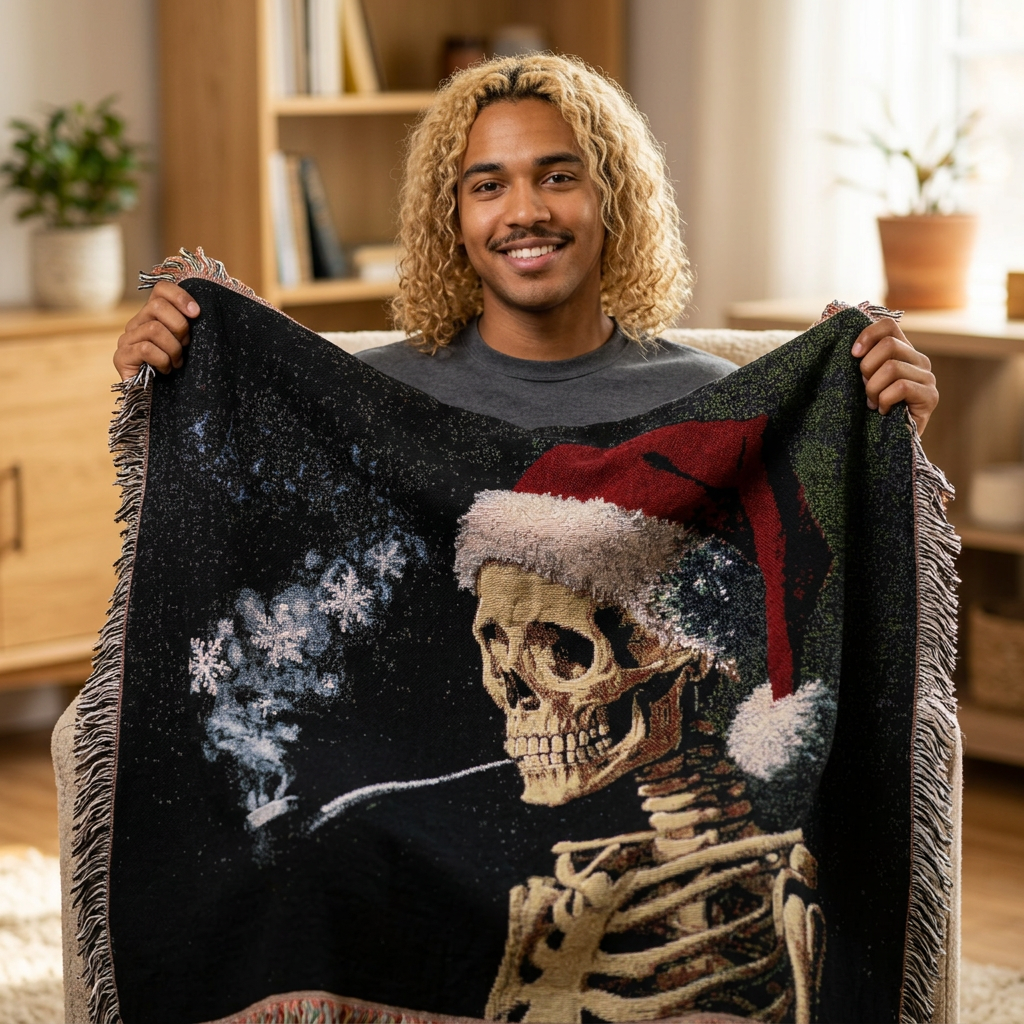 Smoking Skeleton Santa Woven Blanket | Gothic Christmas Throw