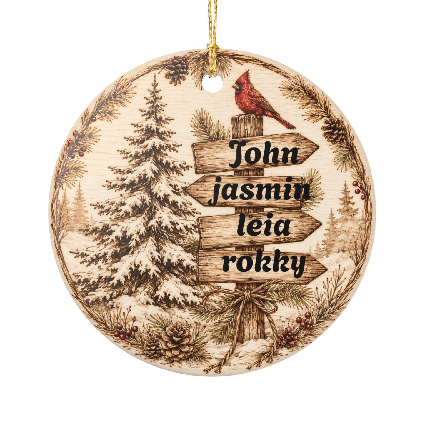 Woodland Cardinal Family Name Ornament, Ceramic Heart Ornament | Personalized Christmas Decor