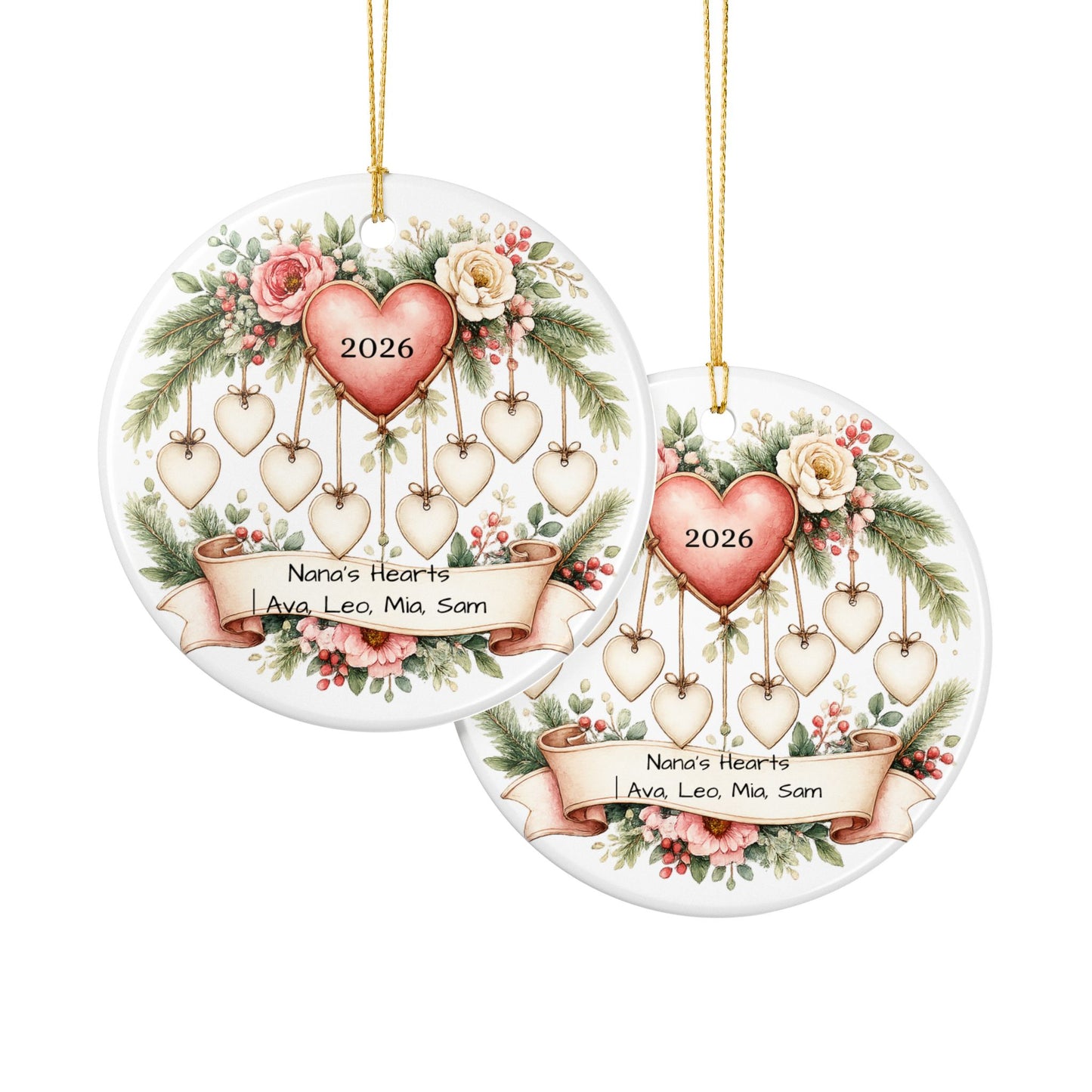 Nana Hearts Christmas Ornament Personalized with Grandkids Names, Ceramic Keepsake, Gift for Nana Grandma 2026