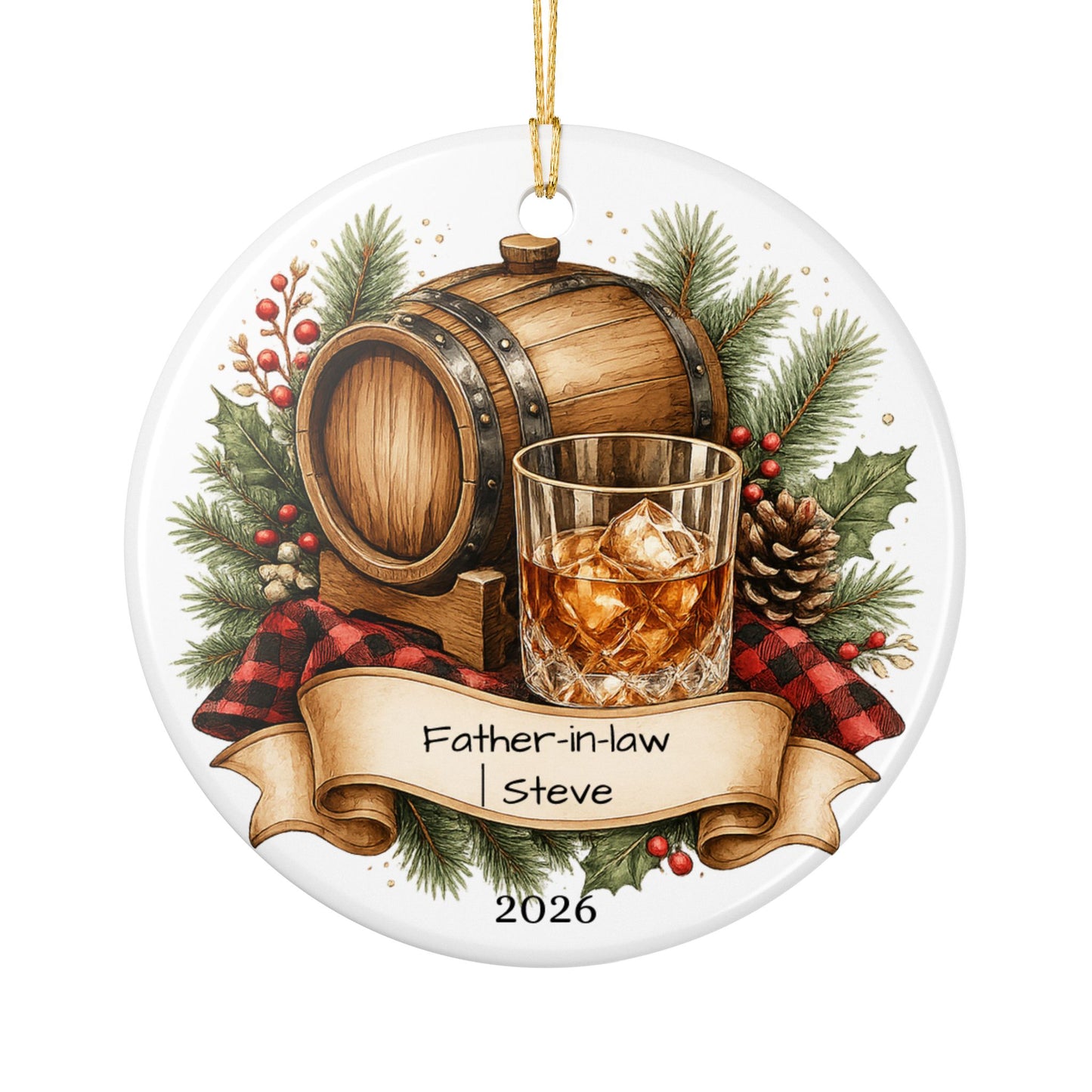 Whiskey Father in Law Ornament Personalized, Rustic Ceramic Keepsake with Name, Bourbon Lover FIL Gift 2026
