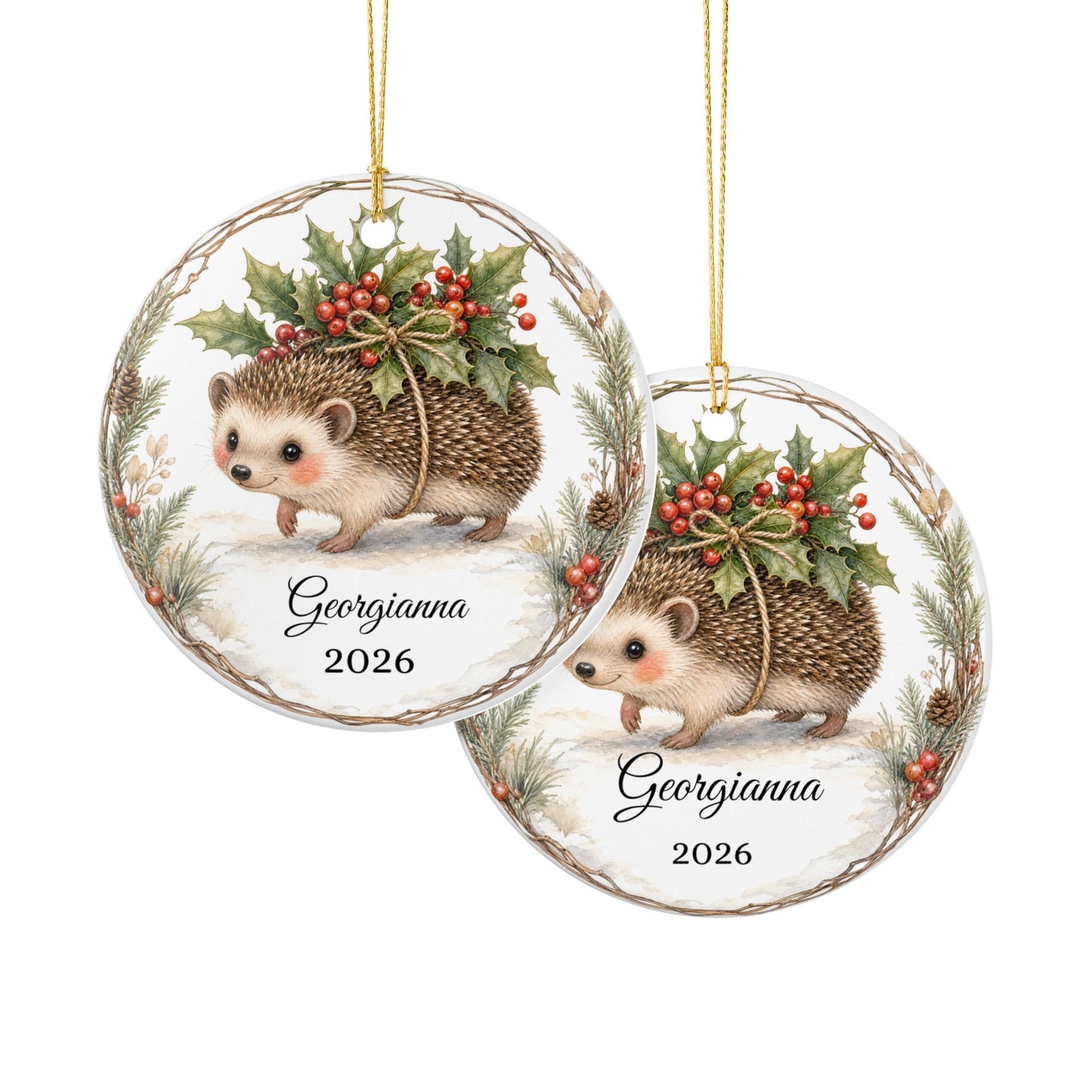 Baby First Christmas Ornament Personalized with Name, Hedgehog Holly Keepsake 2026, Woodland New Baby Shower Gift