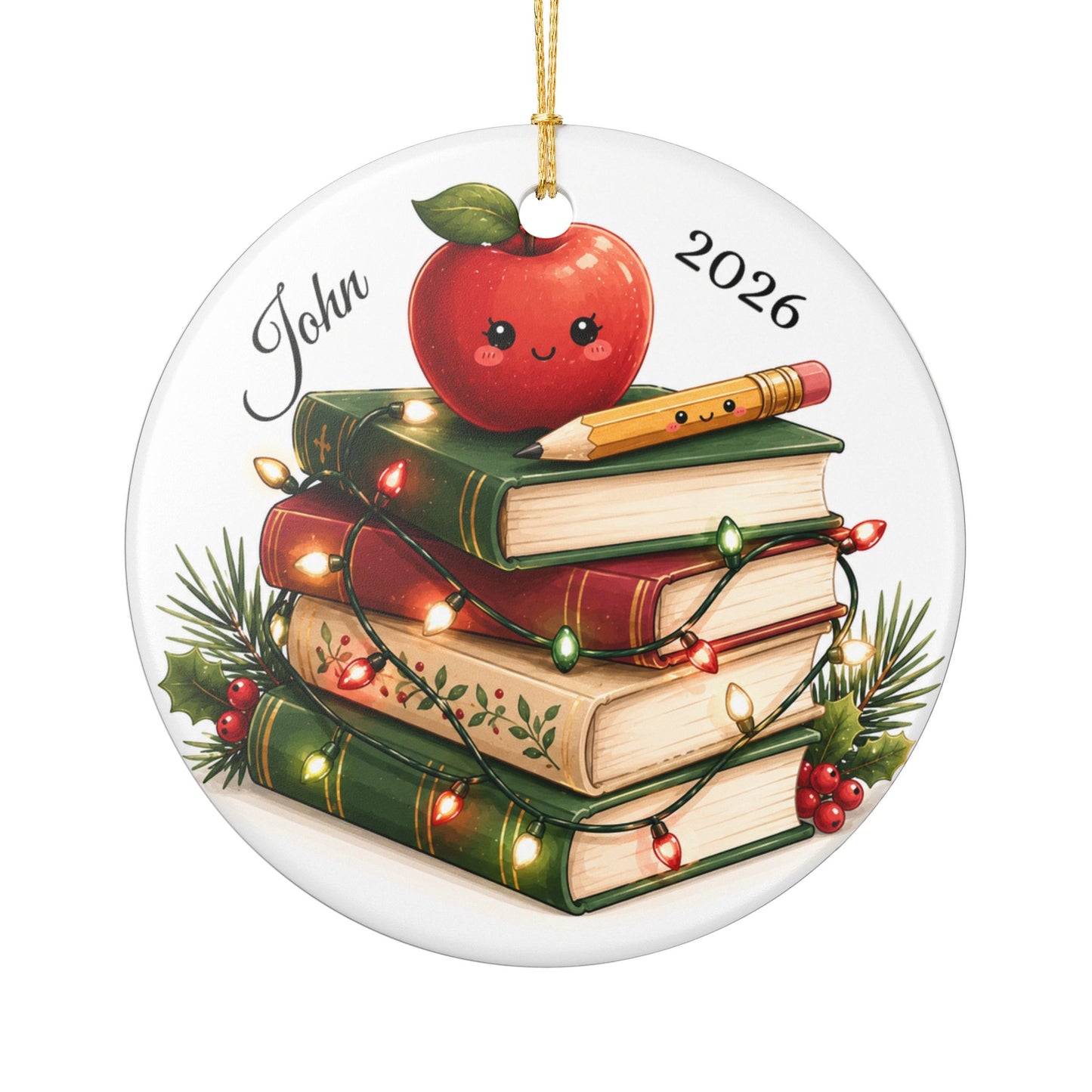 Kawaii Apple and Books Ornament Ceramic Heart Ornament | Personalized Name Year