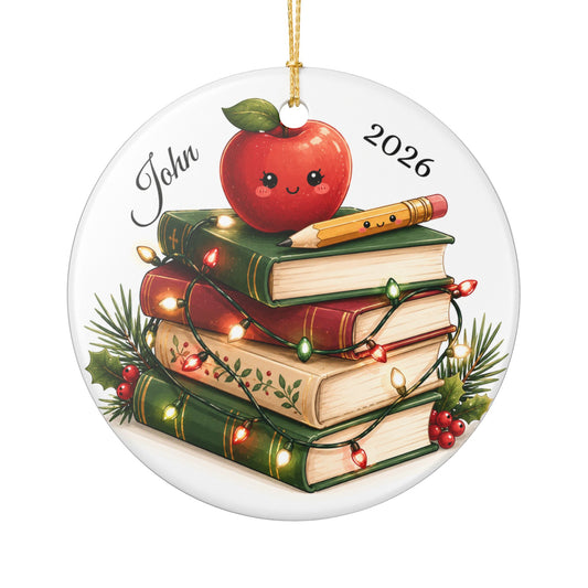 Kawaii Apple and Books Ornament Ceramic Heart Ornament | Personalized Name Year