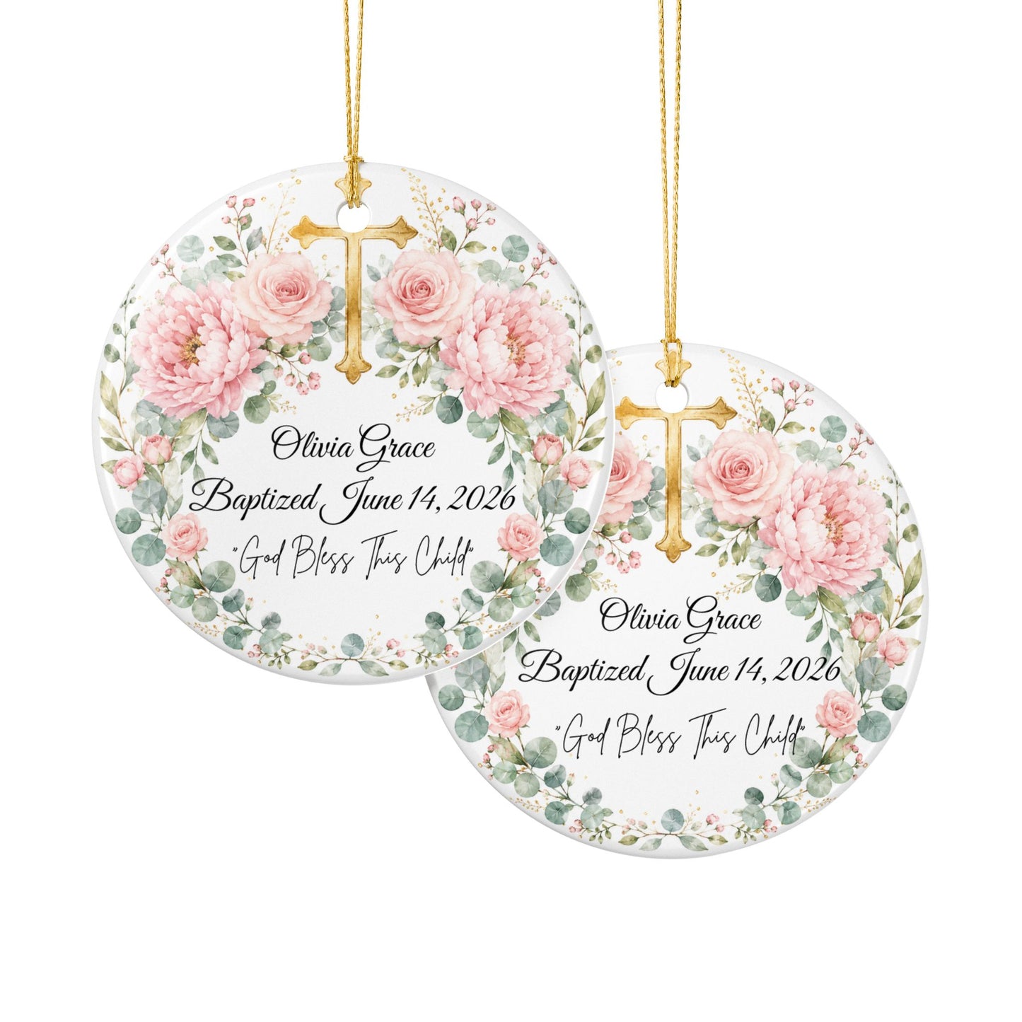 Personalized Baptism Ornament for Girl, Pink Floral Cross Christening Keepsake with Name & Date, Ceramic Godchild Gift, Baby Dedication