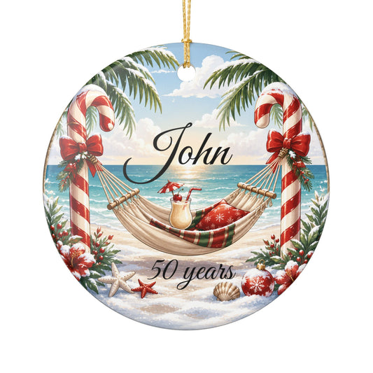 Tropical Christmas hammock ornament Ceramic Ornament | Personalized name, 50 years