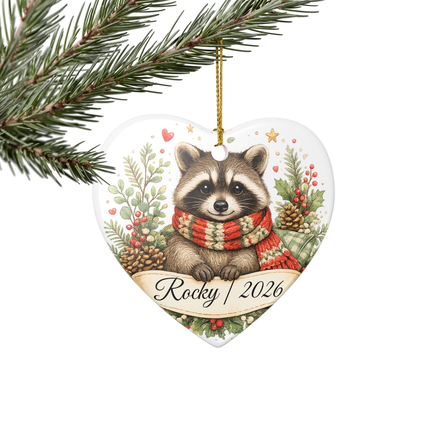 Raccoon Christmas Ornament Personalized with Name, Cute Cozy Ceramic Keepsake, Raccoon Lover Woodland Gift 2026
