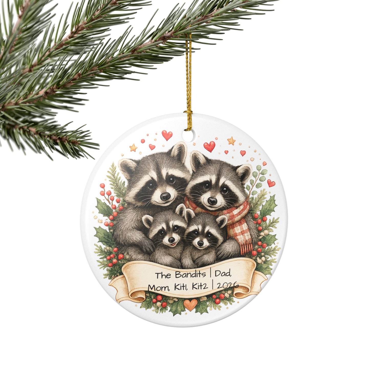 Raccoon Family Christmas Ornament Personalized with Names, Cute Ceramic Keepsake, Woodland Family Gift 2026