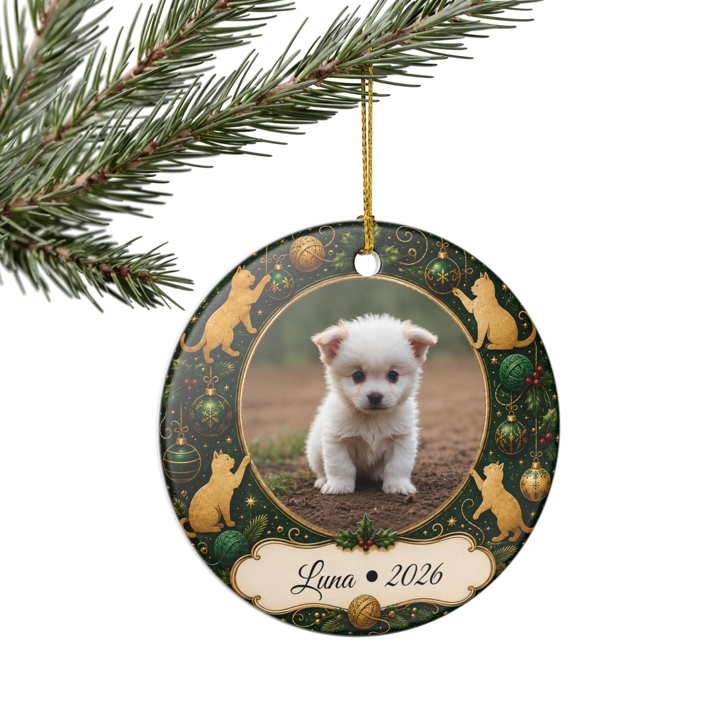 Personalized Puppy Photo Ornament, Ceramic Christmas Ornament | Cat Motif